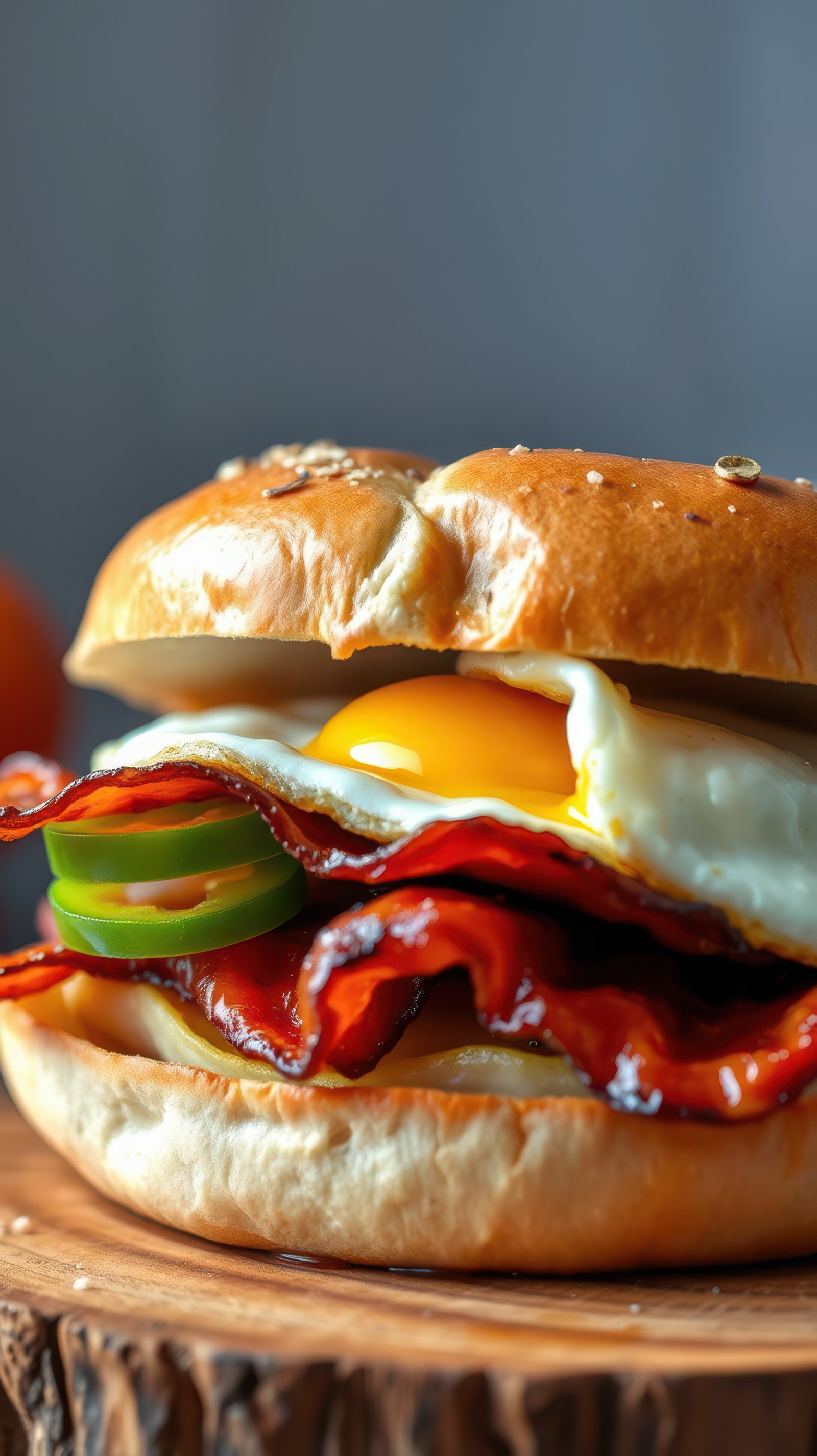 Delicious breakfast sandwich with crispy bacon, fresh jalapenos, and fried egg served on a soft bun